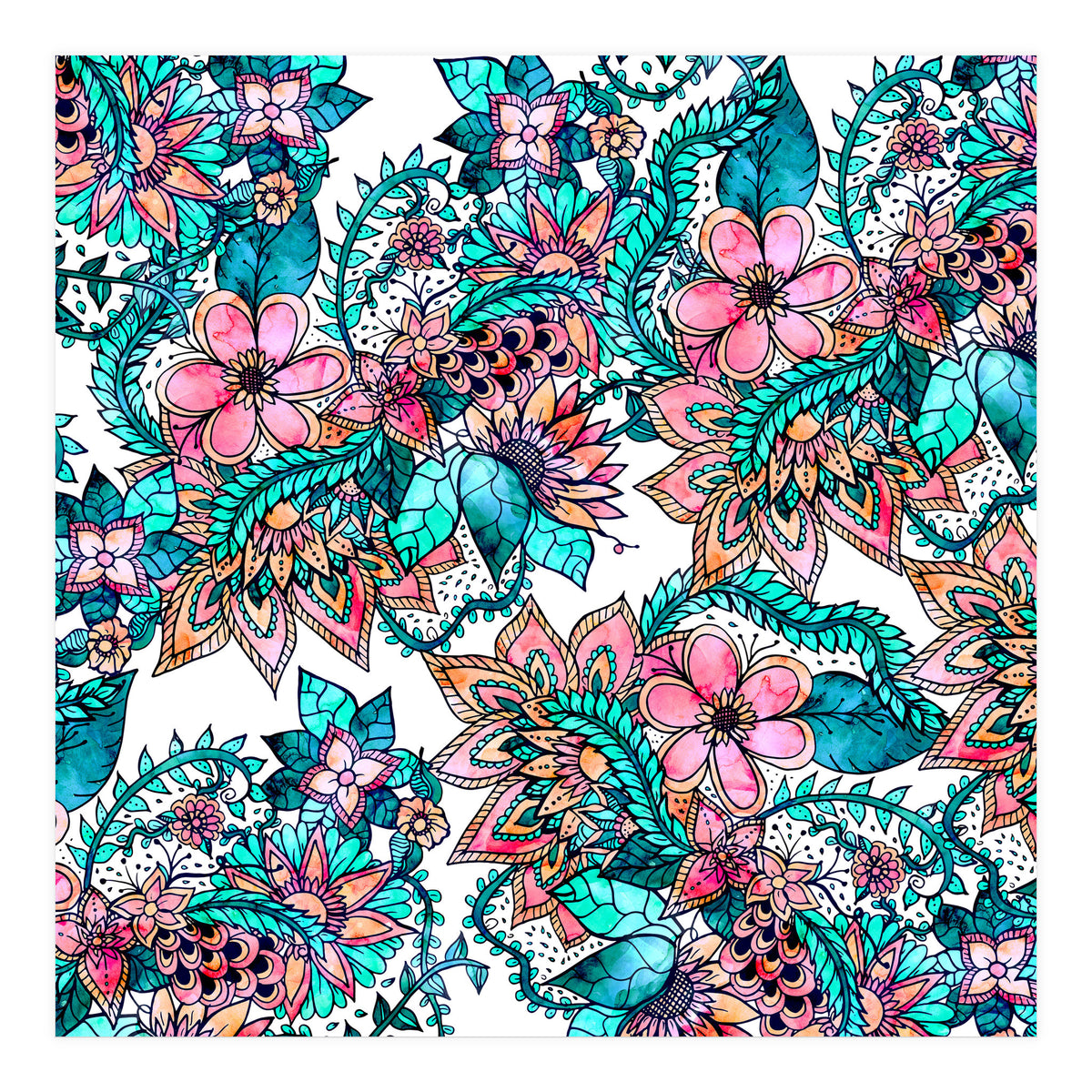 Boho turquoise pink floral watercolor illustration (Print Only)