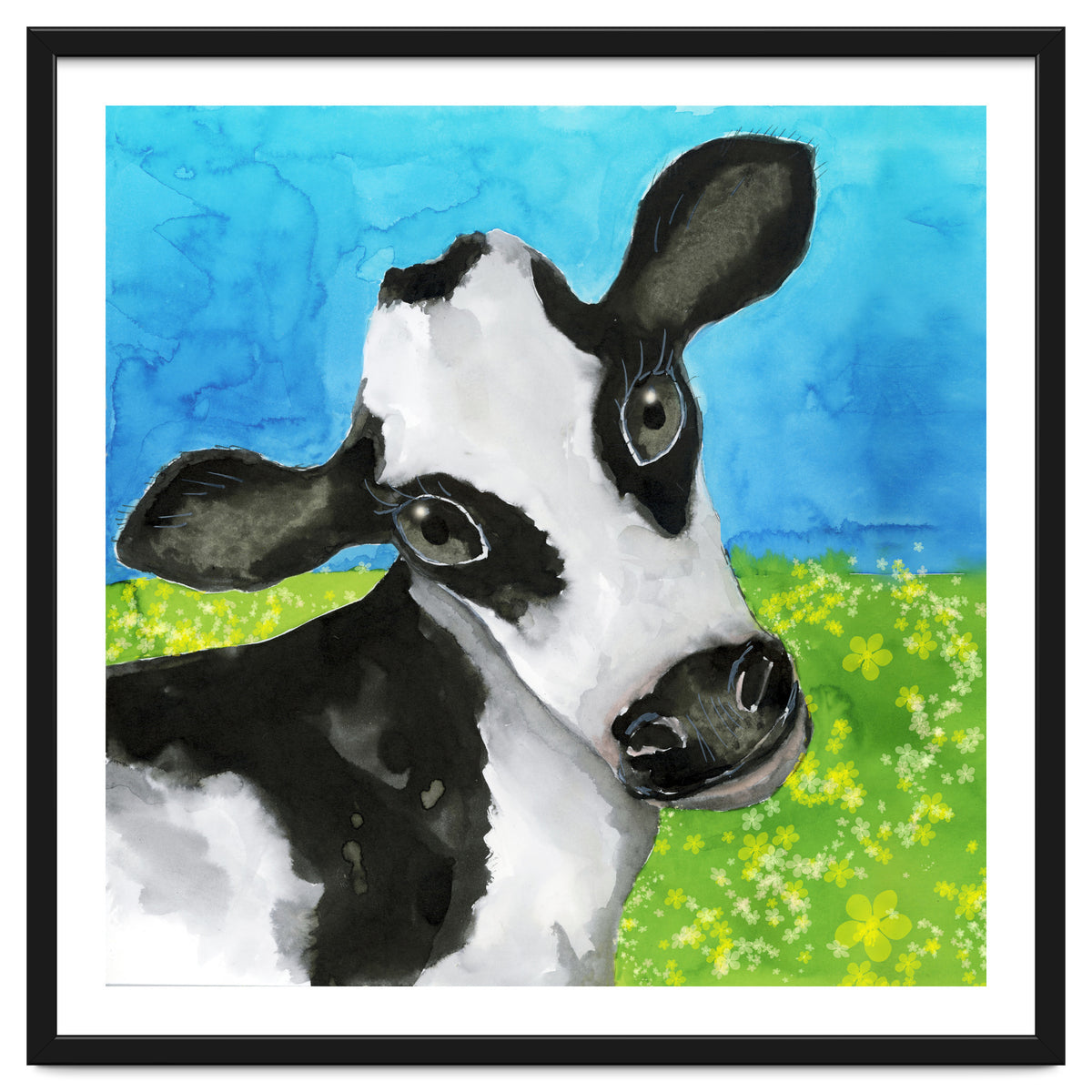 Cow in the meadow watercolor