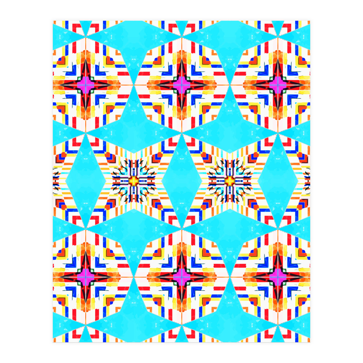 Exotic Tiles, Moroccan Teal Kaleidoscope Pattern, Turkish Bohemian Colorful Culture Eclectic Graphic (Print Only)