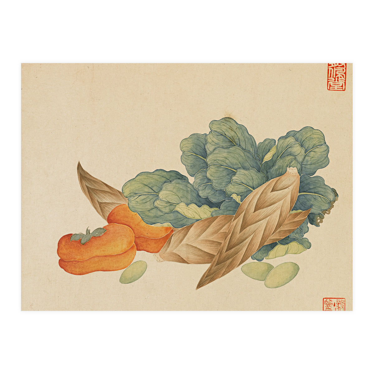Wang Chengyu~flowers And Vegetables, Vegetables, Fruits, Chinese Cabbage, Lentils, Bamboo Shoots, Persimmons (Print Only)