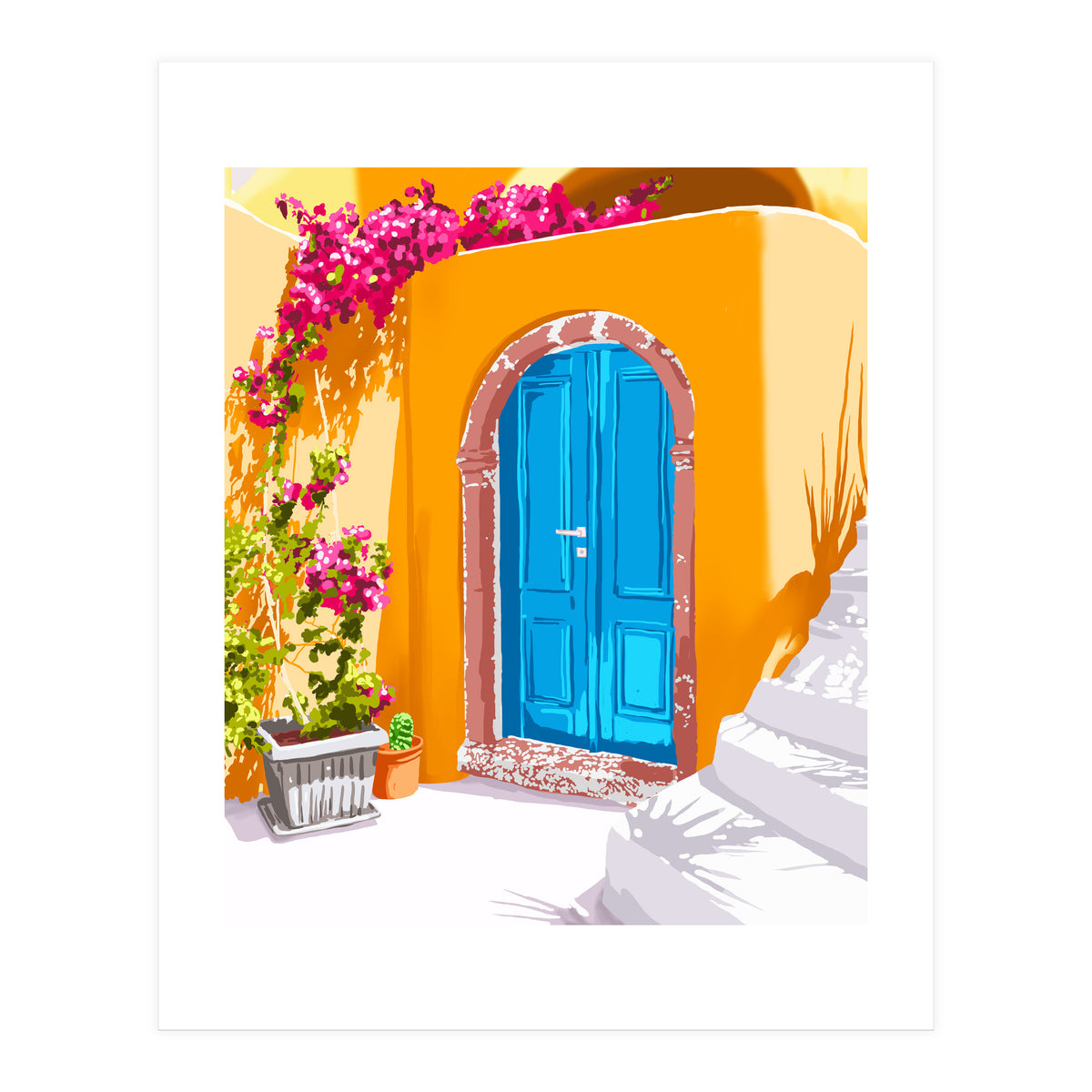 Sunny Morocco, Summer Architecture Greece Travel Painting, Boungainvillea Tropical Floral (Print Only)