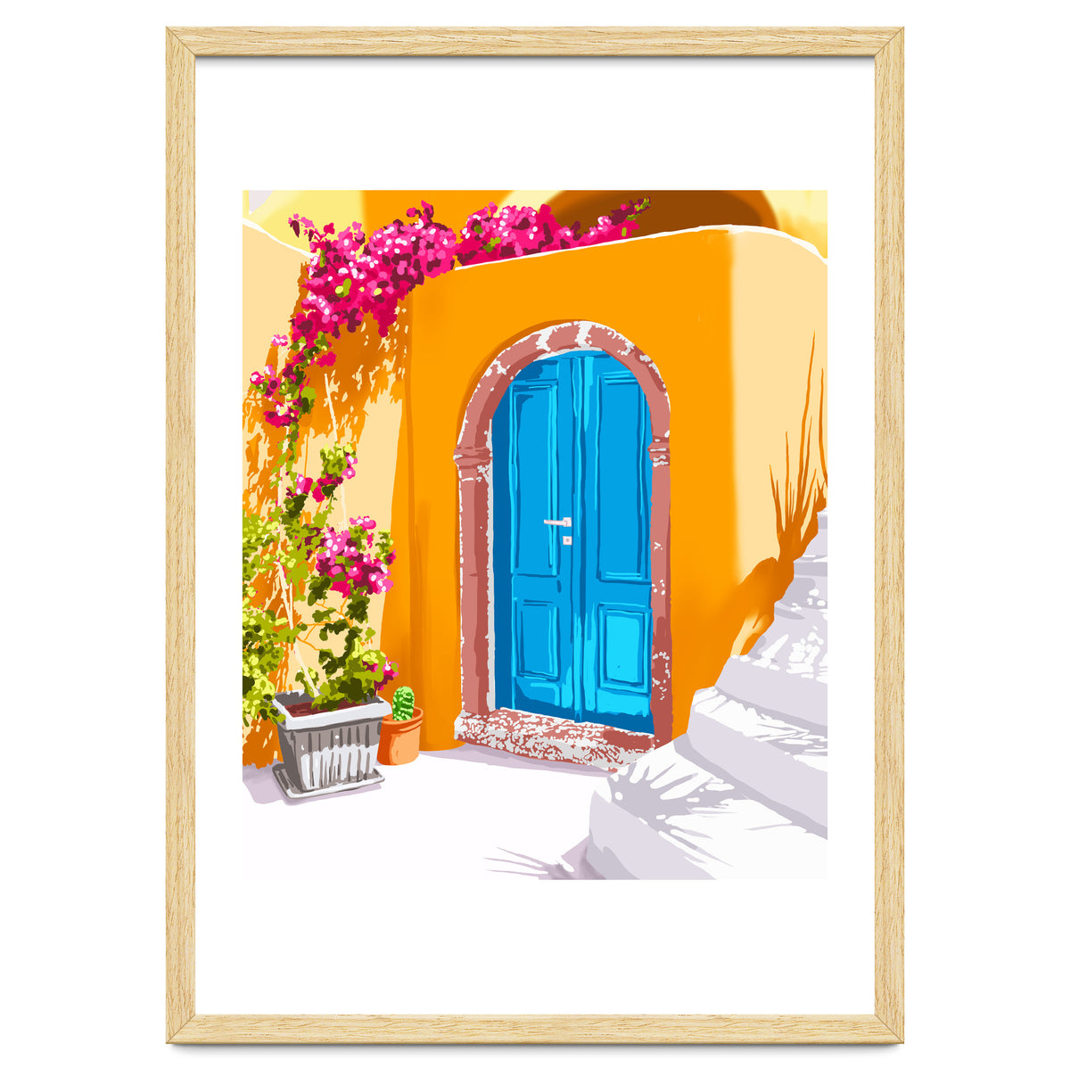 Sunny Morocco, Summer Architecture Greece Travel Painting, Boungainvillea Tropical Floral