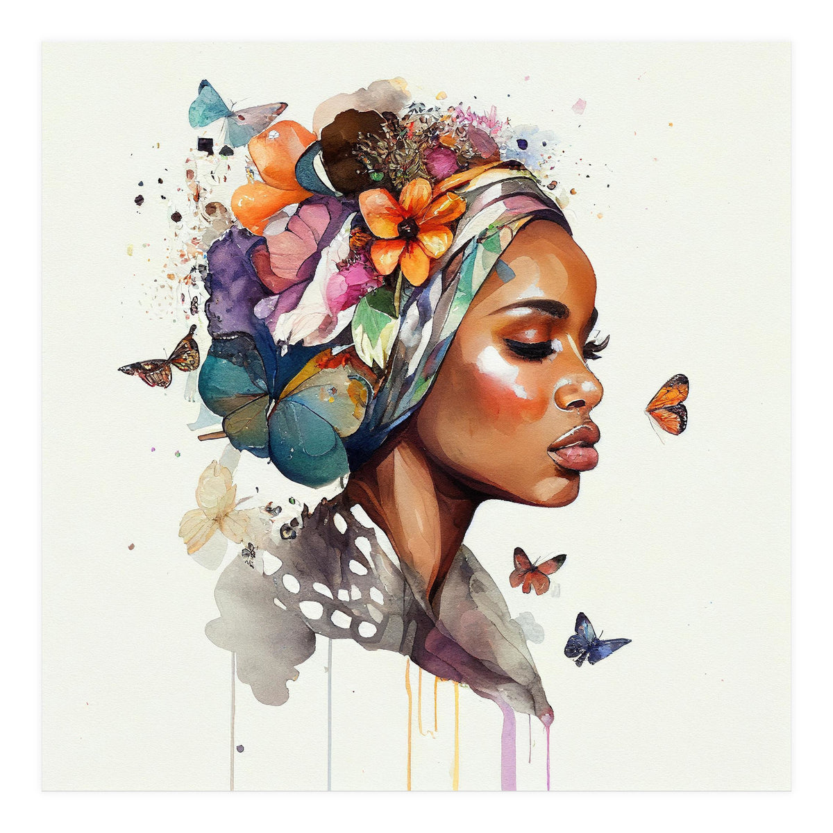 Watercolor Floral Muslim African Woman #3 (Print Only)