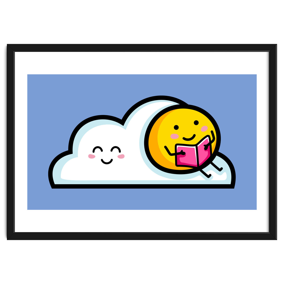 Kawaii Cute Sun Reading A Book On A Cloud