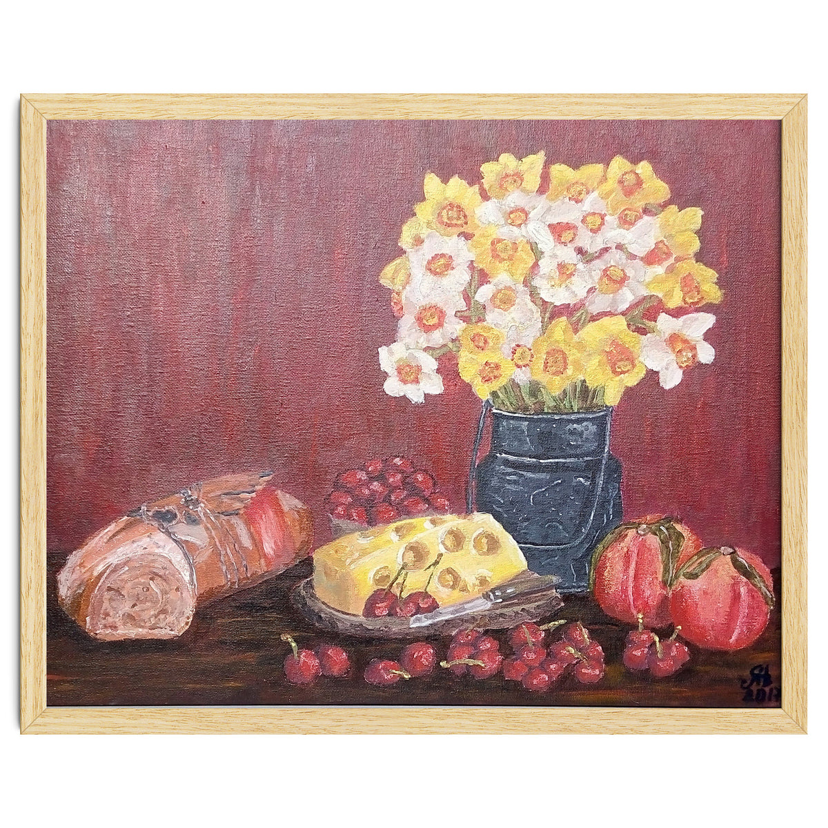 Still life with cheese, daffodils on a red background.