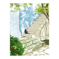 Black cat on the steps Poster, Greece Santorini summer travel pet painting (Print Only)