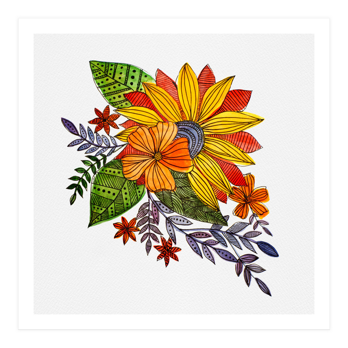 Watercolor and ink Sunflower (Print Only)