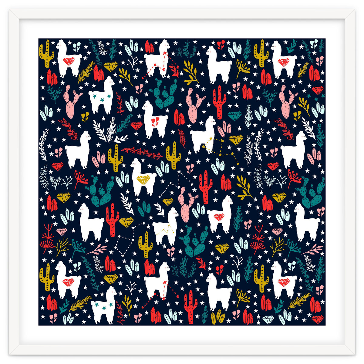 Cute Alpaca Pattern with Cacti, Stars and Crystals