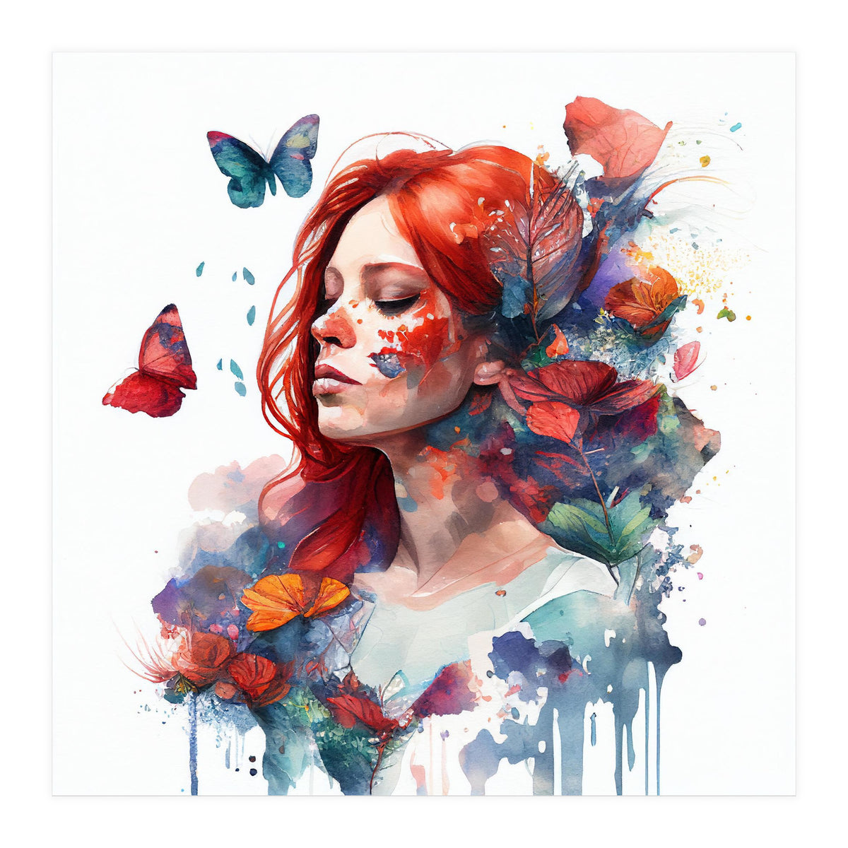 Watercolor Floral Red Hair Woman #2 (Print Only)