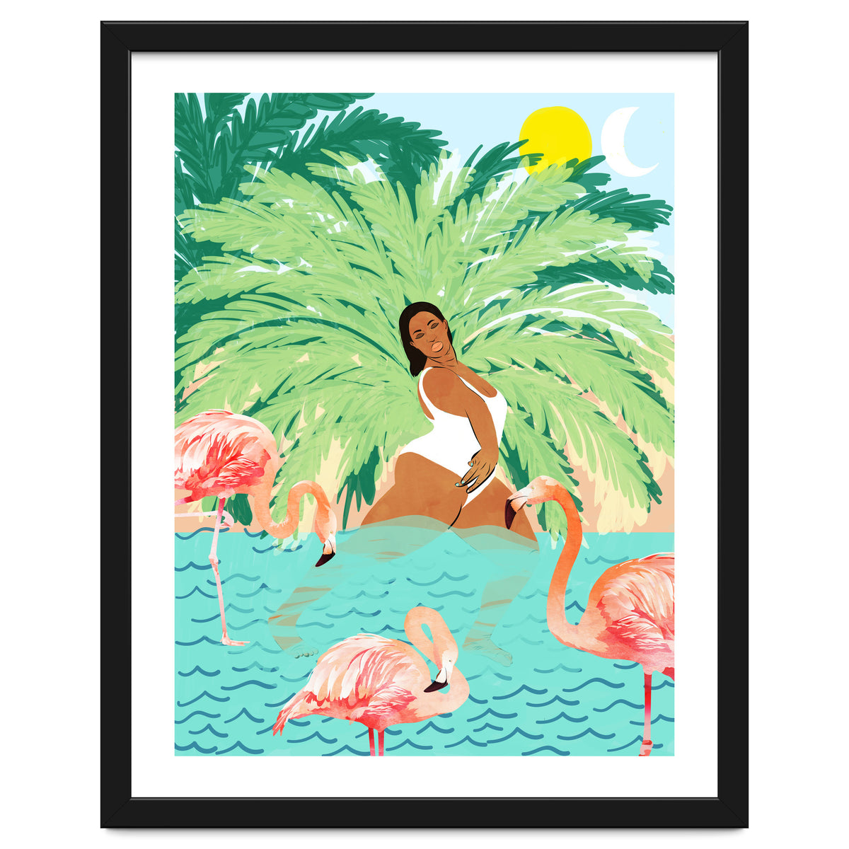 Tropical Summer Water Yoga with Palm & Flamingos | Woman of Color Black Woman Body Positivity