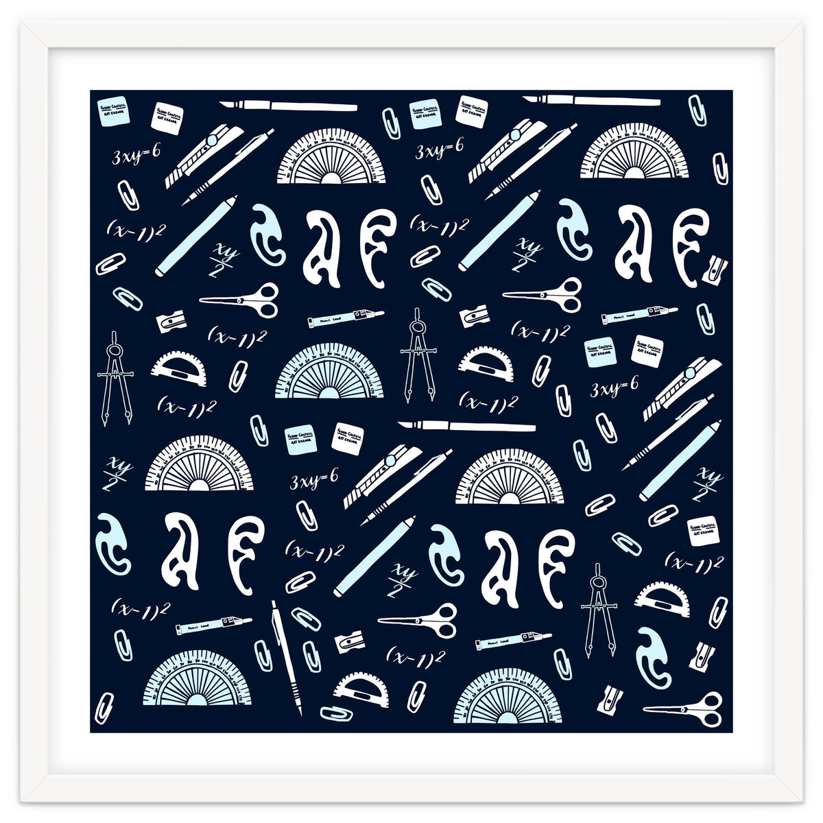 Mathematics and Geometry Pattern with protractors, mechanical pencils and erasers