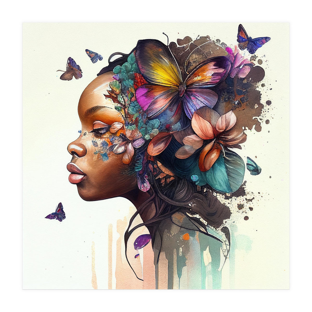 Watercolor Butterfly African Woman #8 (Print Only)
