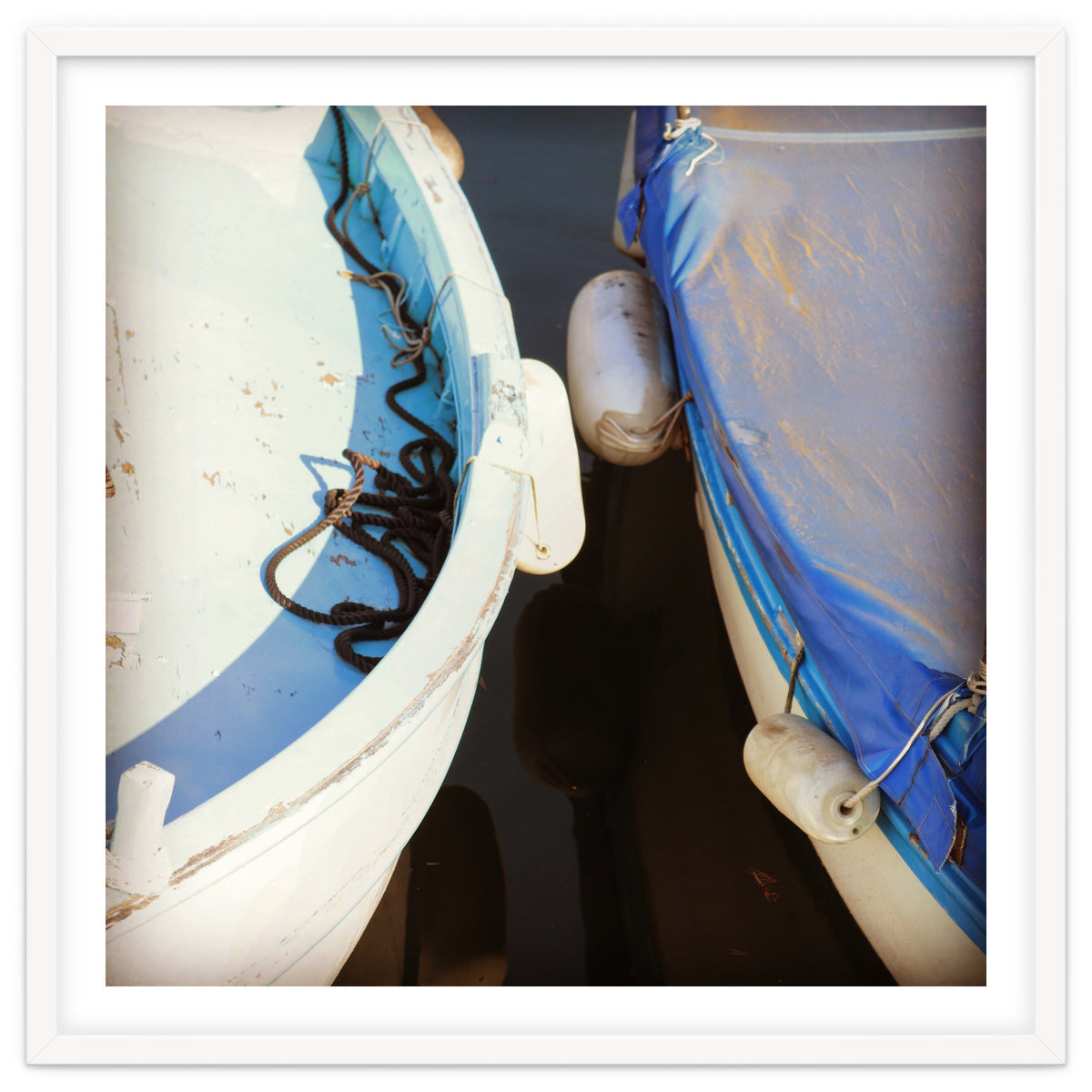 Blue and white wooden fishing boats