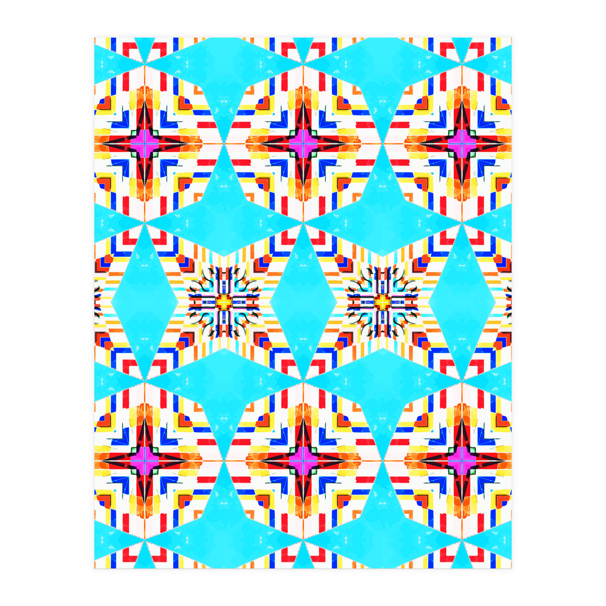 Exotic Tiles, Moroccan Teal Kaleidoscope Pattern, Turkish Bohemian Colorful Culture Eclectic Graphic (Print Only)