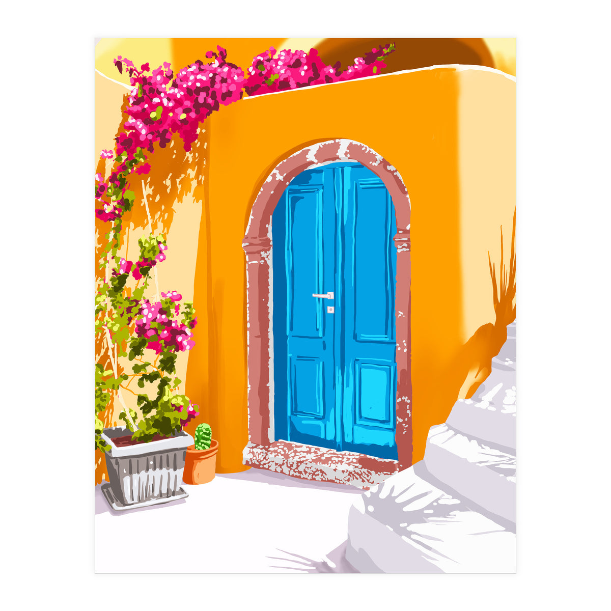 Sunny Morocco, Summer Architecture Greece Travel Painting, Boungainvillea Tropical Floral (Print Only)