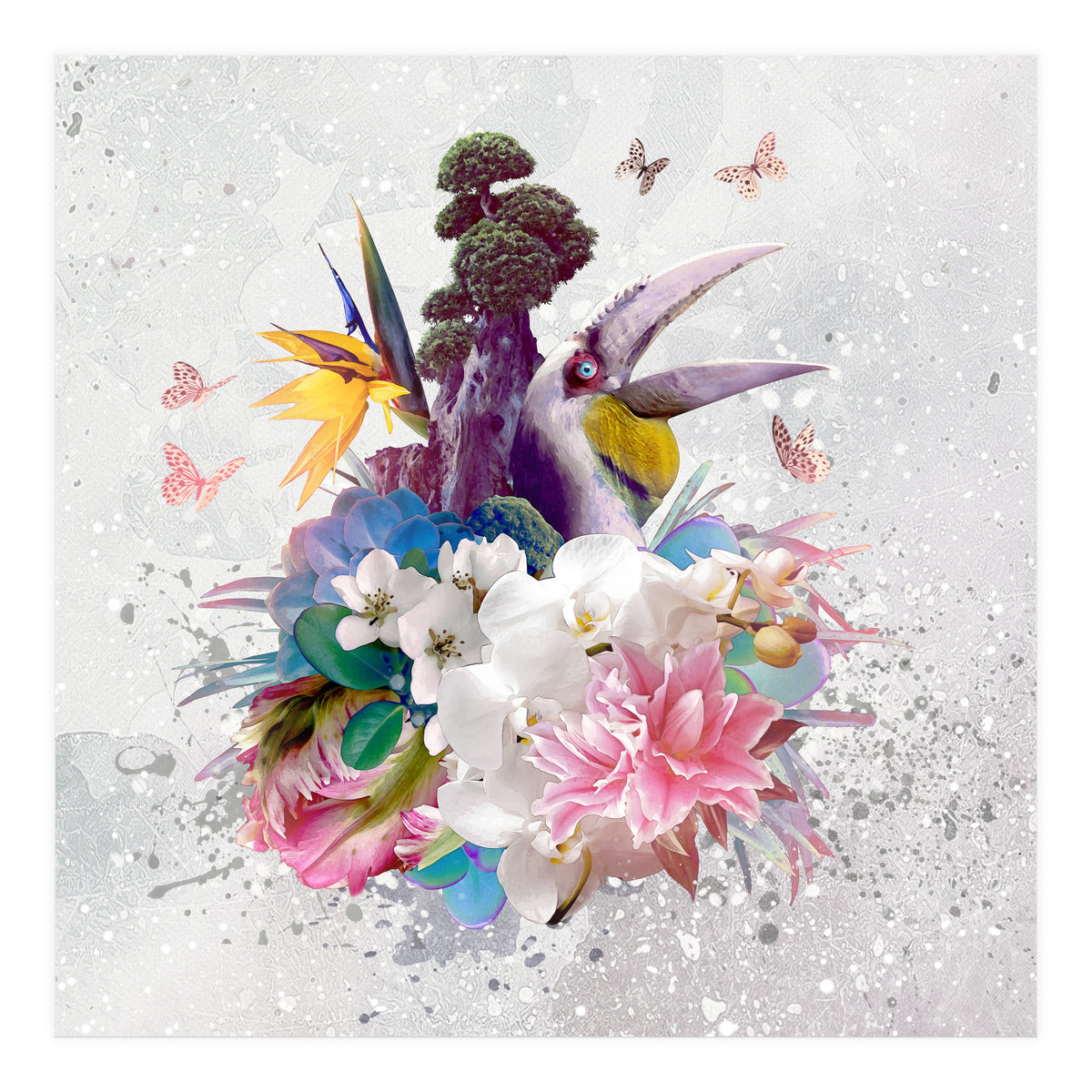 Floral Hornbill Grey  (Print Only)