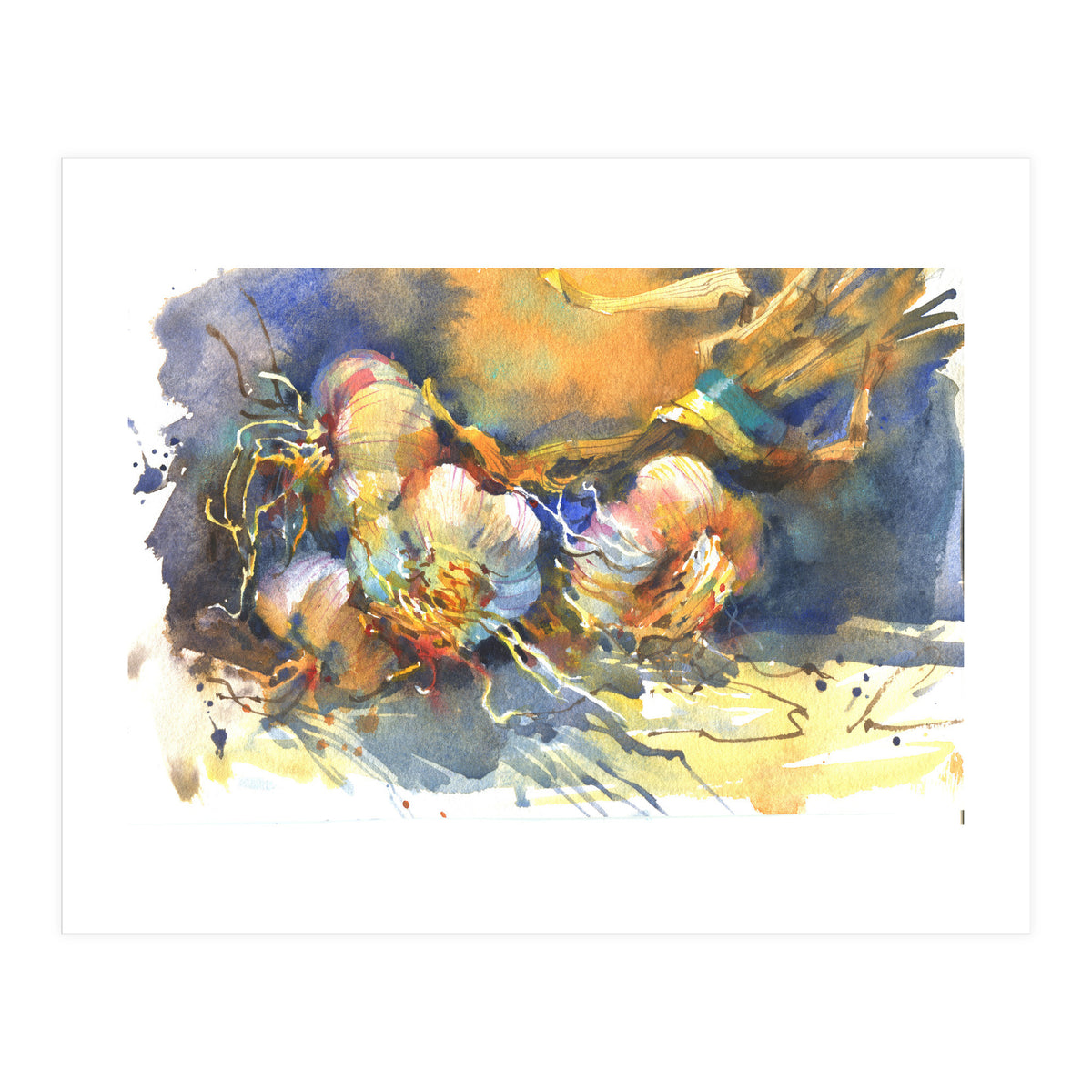 Garlic still life watercolor painting for kitchen  (Print Only)
