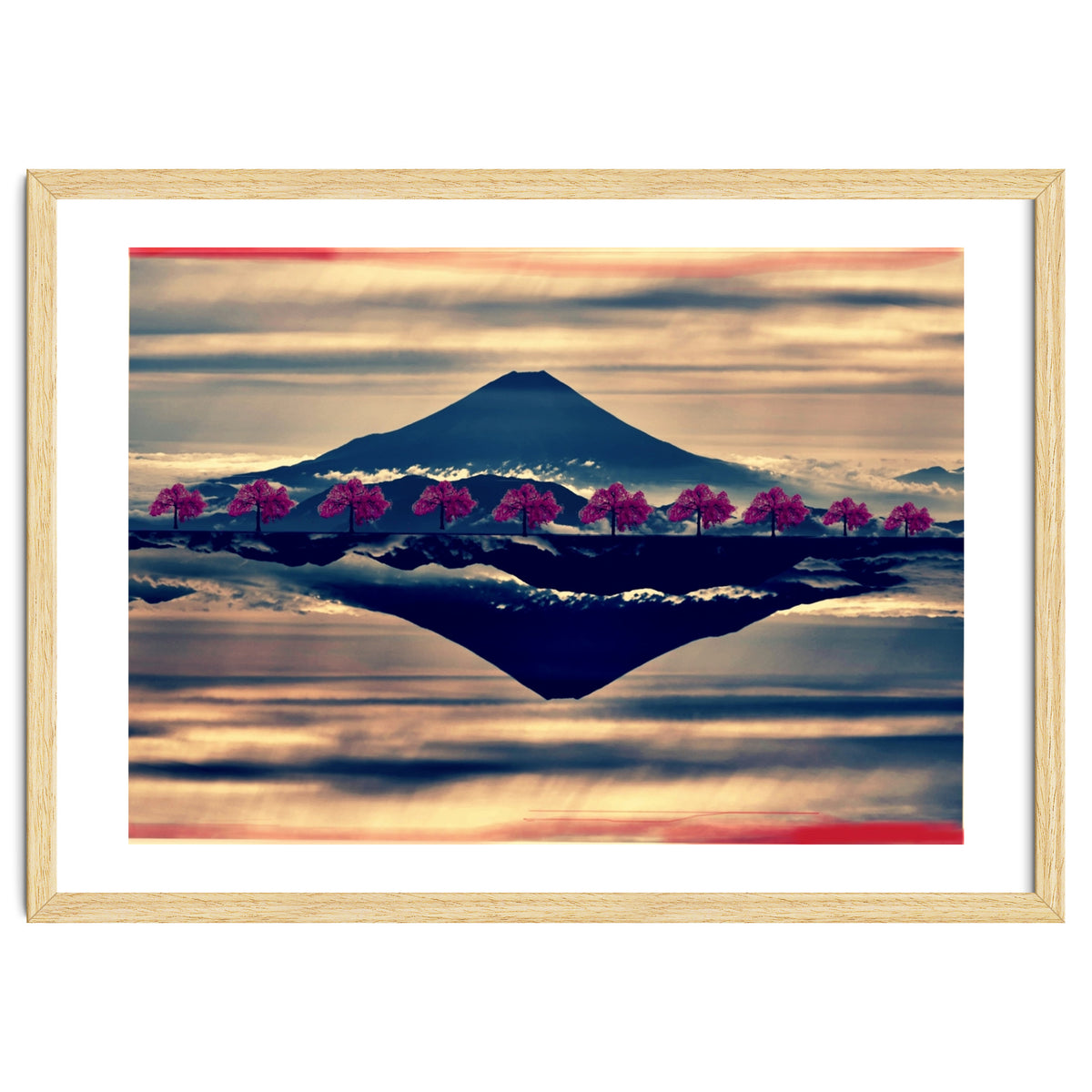 Reflection on Mount Fuji with cherry trees.
