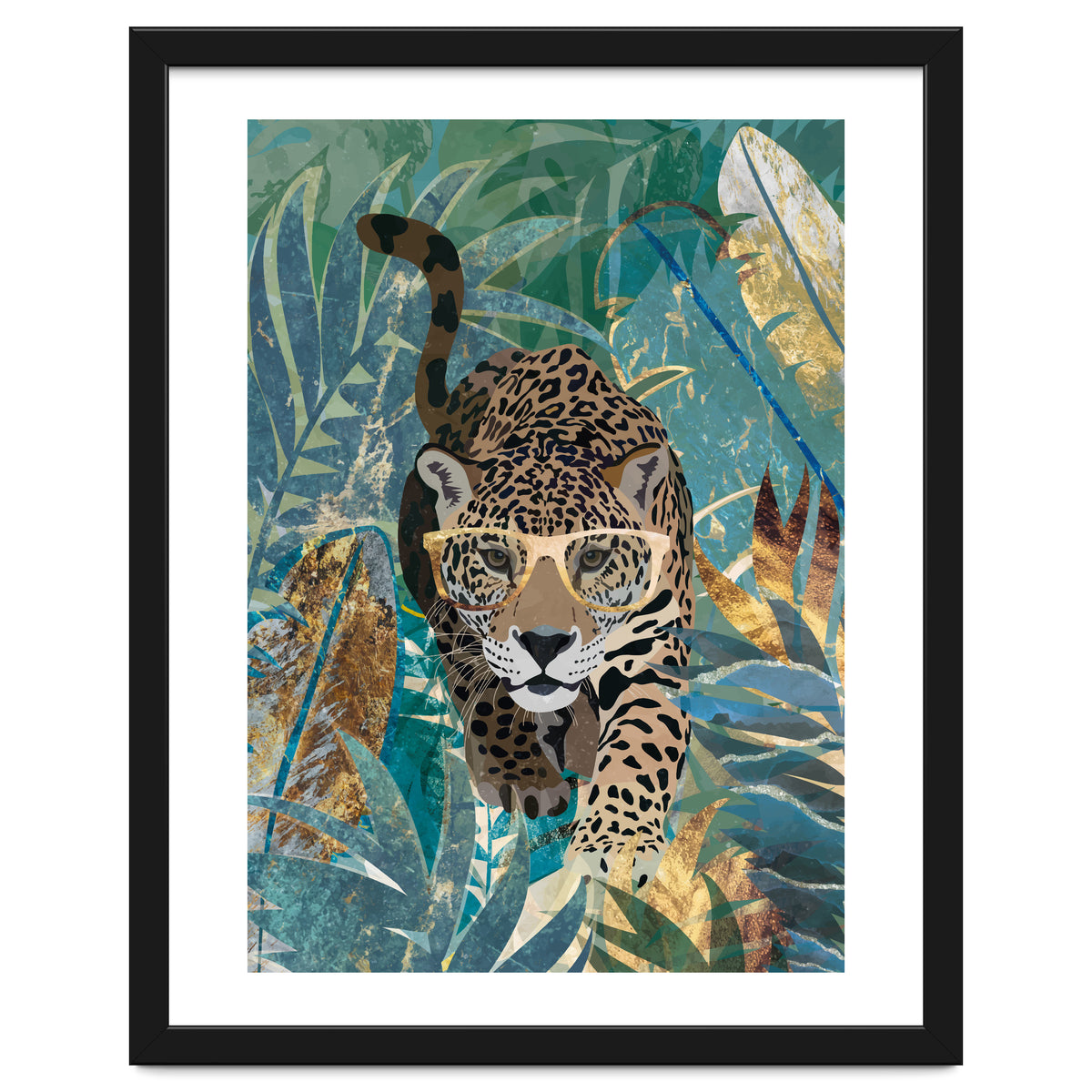 Jaguar in the gold and green tropical jungle