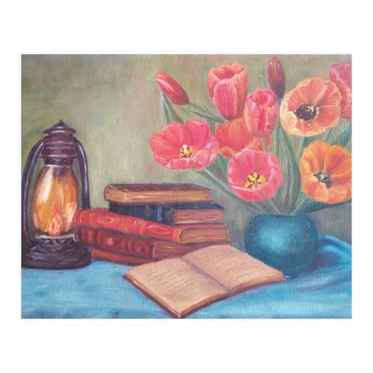 Still life with tulips, books and an old lamp. (Print Only)