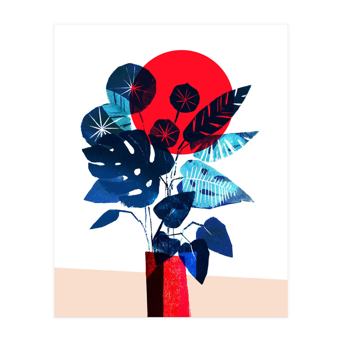 Blue Flowers in Red Vase (Print Only)