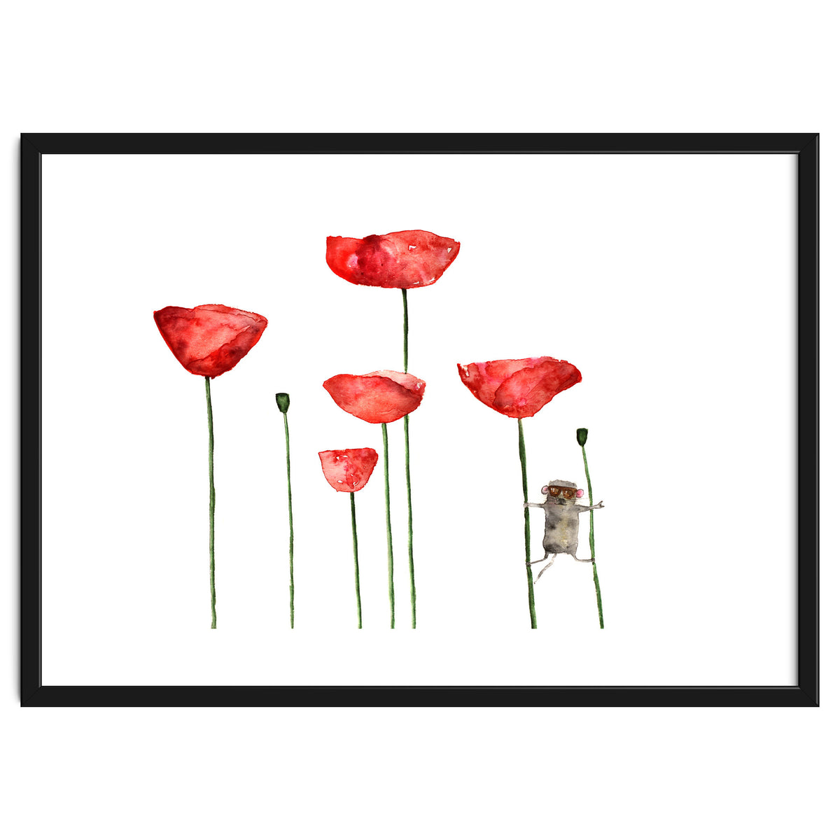 Little mouse loves big poppies || watercolor for nursery