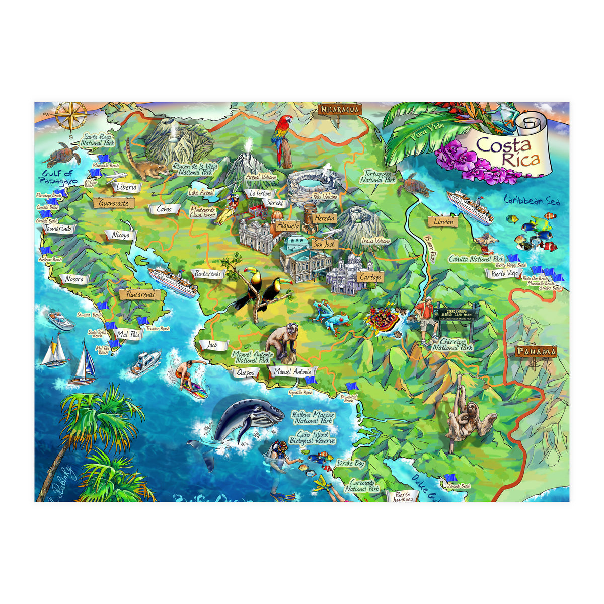 Costa Rica Map Illustration (Print Only)