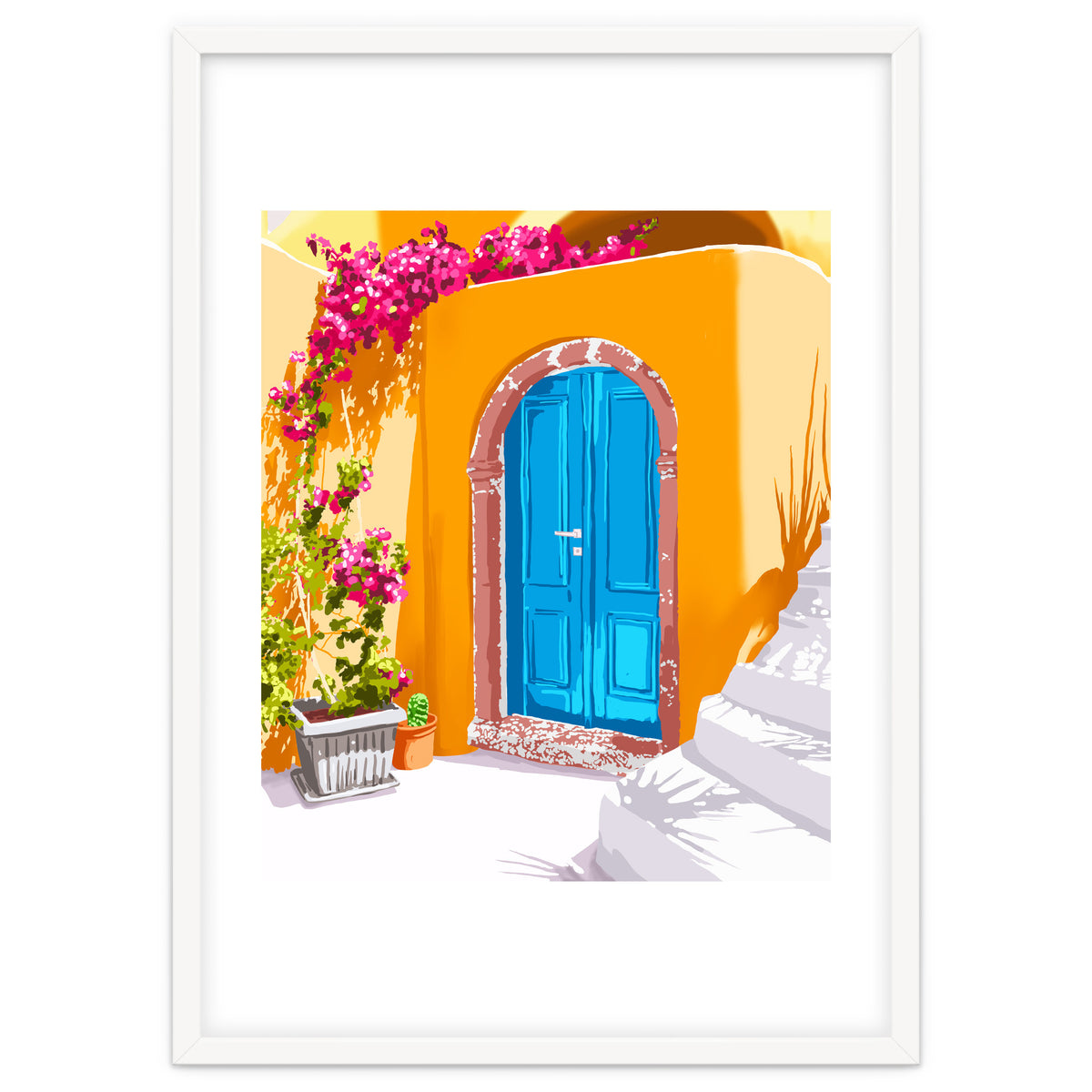 Sunny Morocco, Summer Architecture Greece Travel Painting, Boungainvillea Tropical Floral