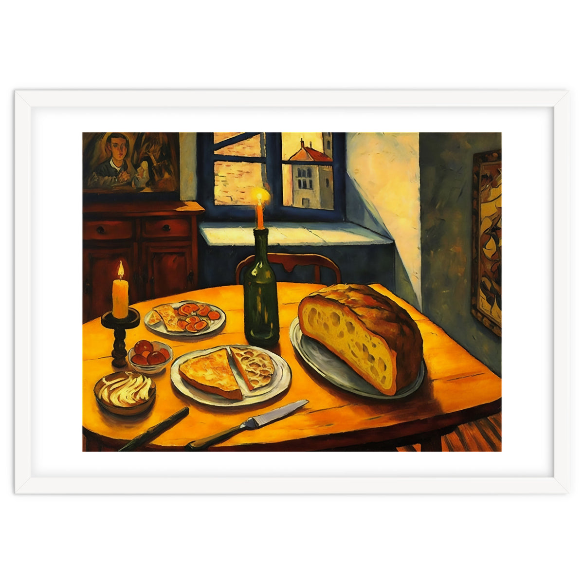 Table Setting of Bread and Cheese Oil Painting