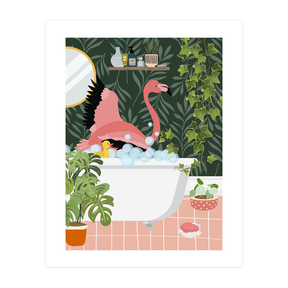 Flamingo Taking a Bubble Bath (Print Only)