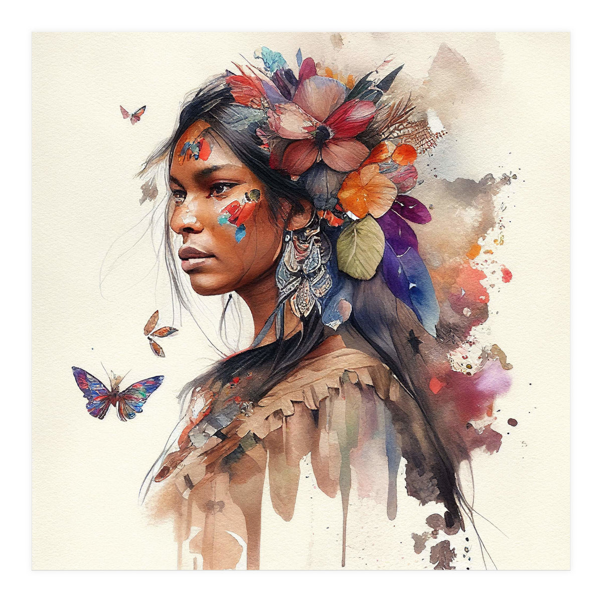 Watercolor Floral Indian Native Woman #9 (Print Only)