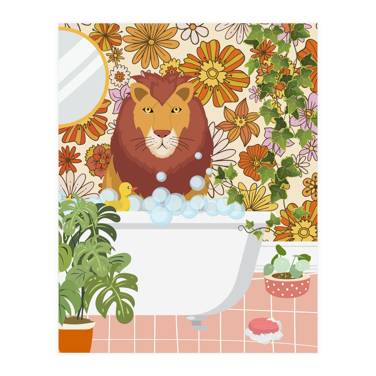 Lion Bathing on Groovy Bathroom (Print Only)