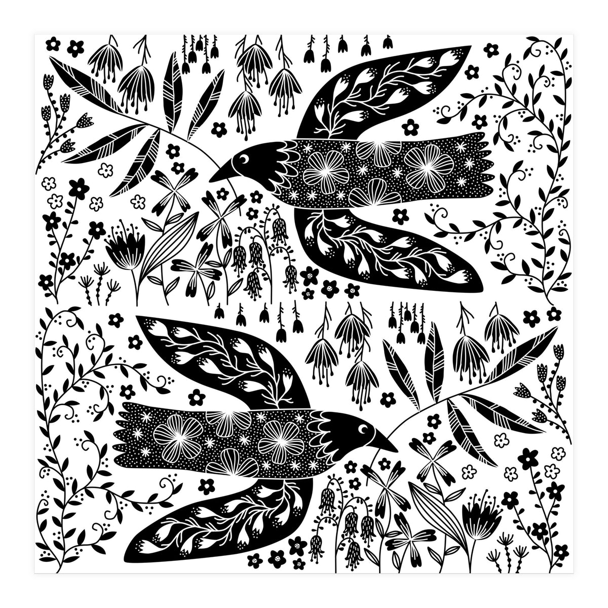 Doves And Flowers Black & White (Print Only)