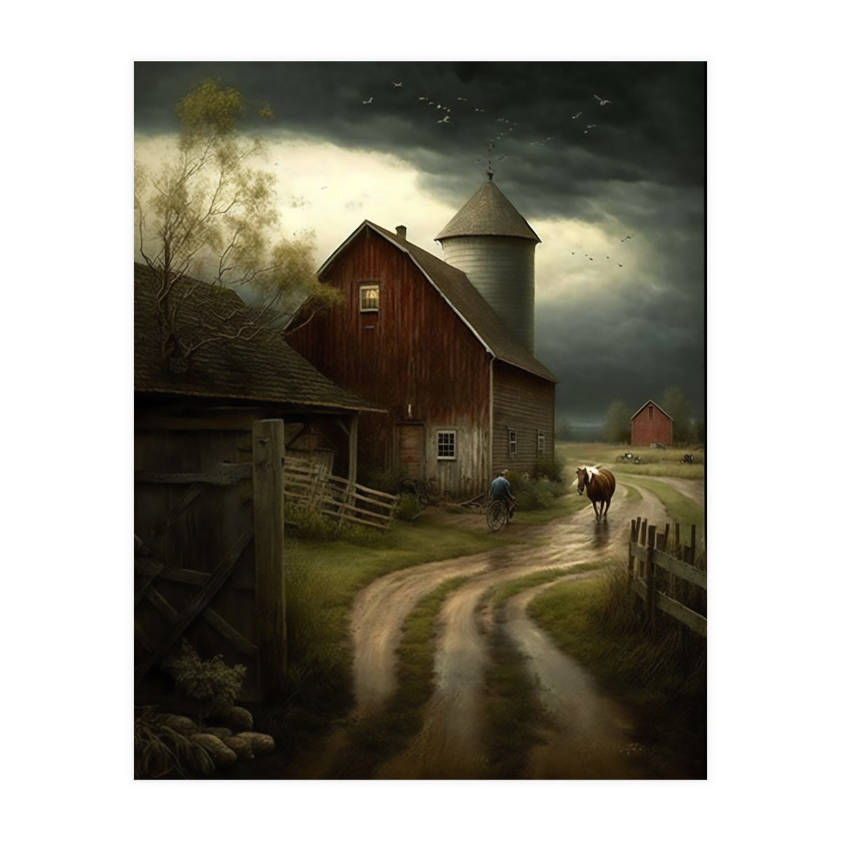 19th Century Farm Scene Oil Painting (Print Only)