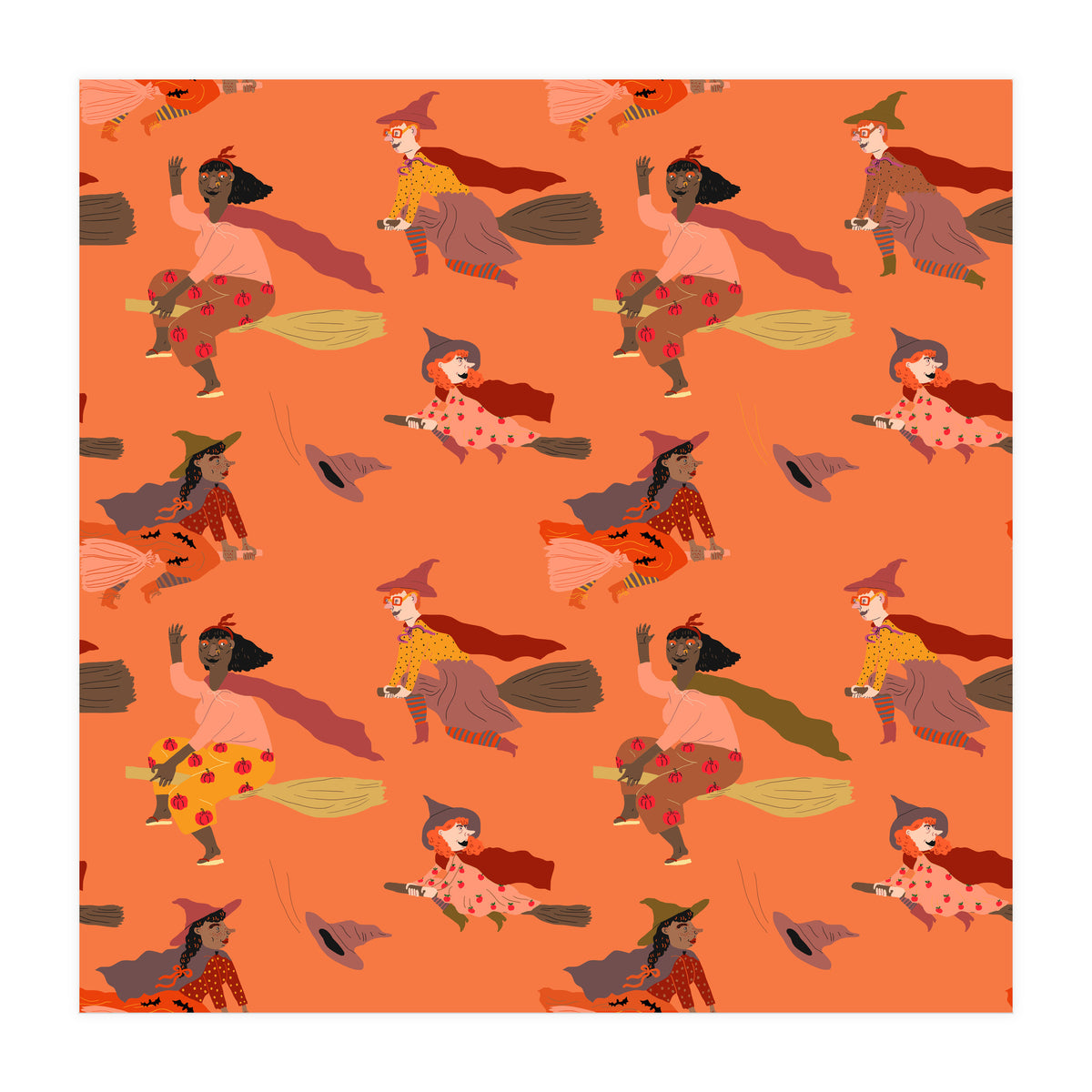 Tiny Witches Pattern (orange Backgrownd) (Print Only)