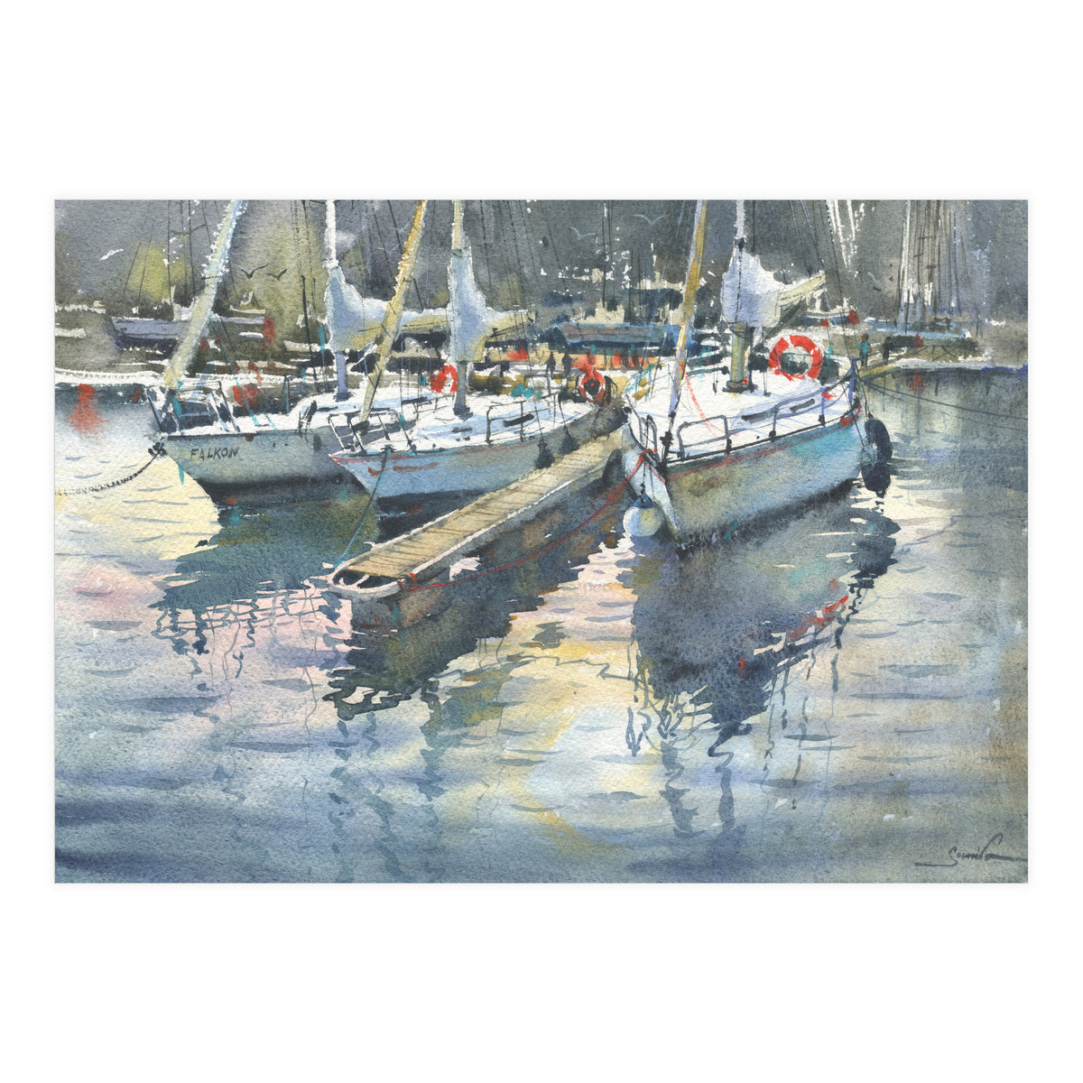Yachts in the port. Watercolor painting (Print Only)