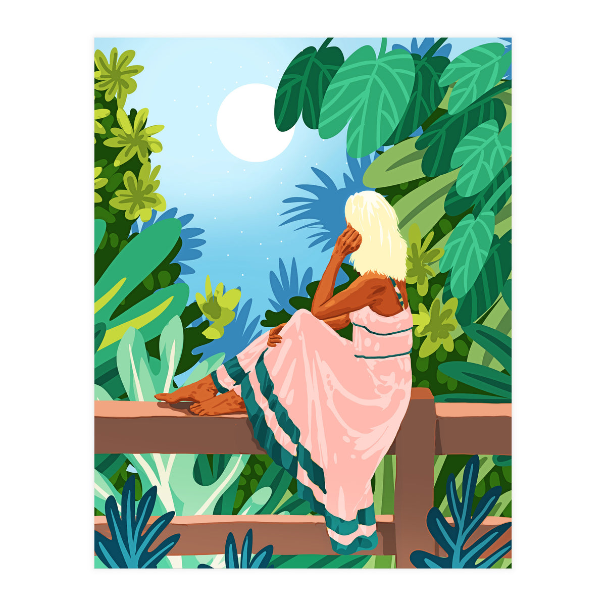 Forest Moon, Bohemian Woman Jungle Nature Tropical Colorful Travel Fashion Illustration (Print Only)