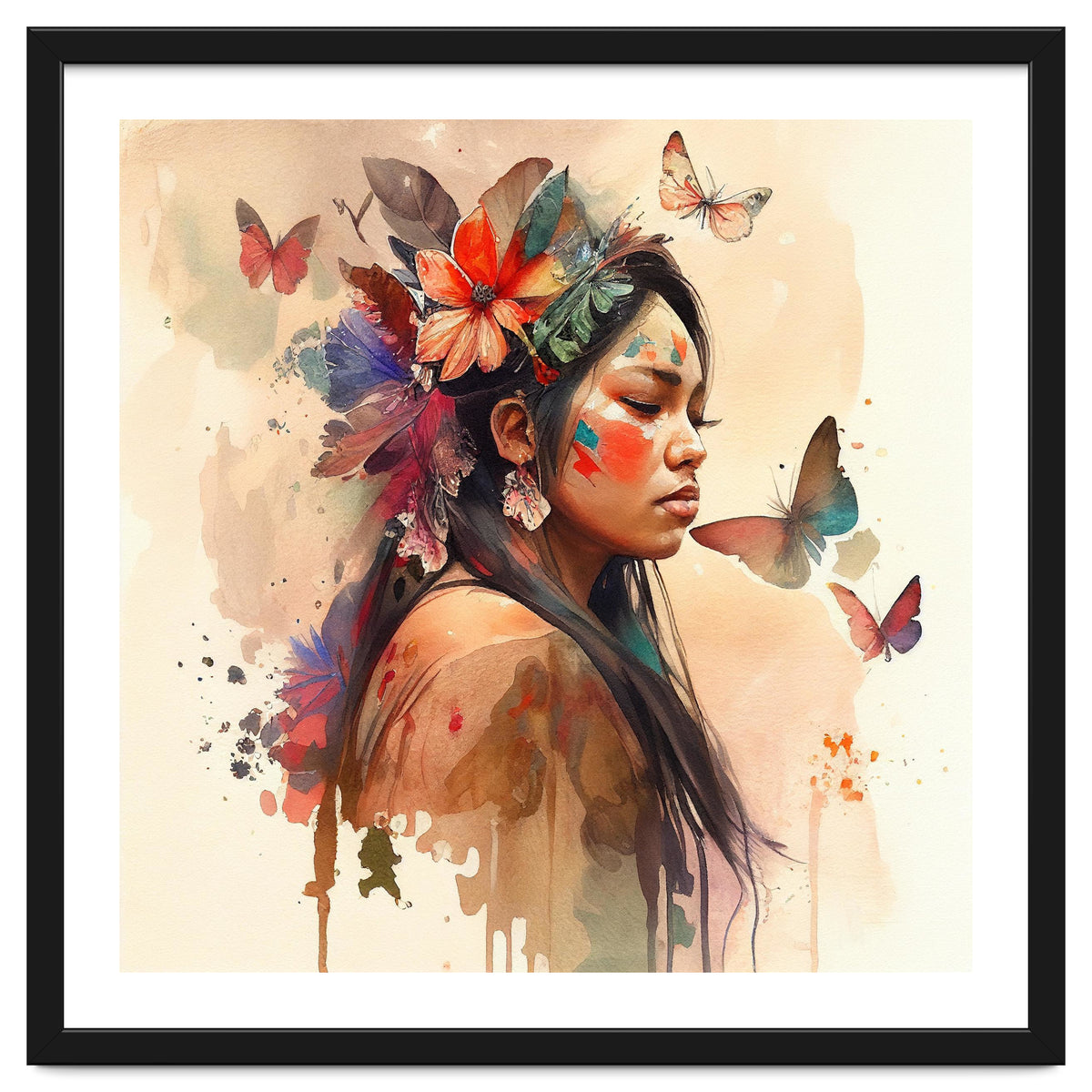 Watercolor Floral Indian Native Woman #8