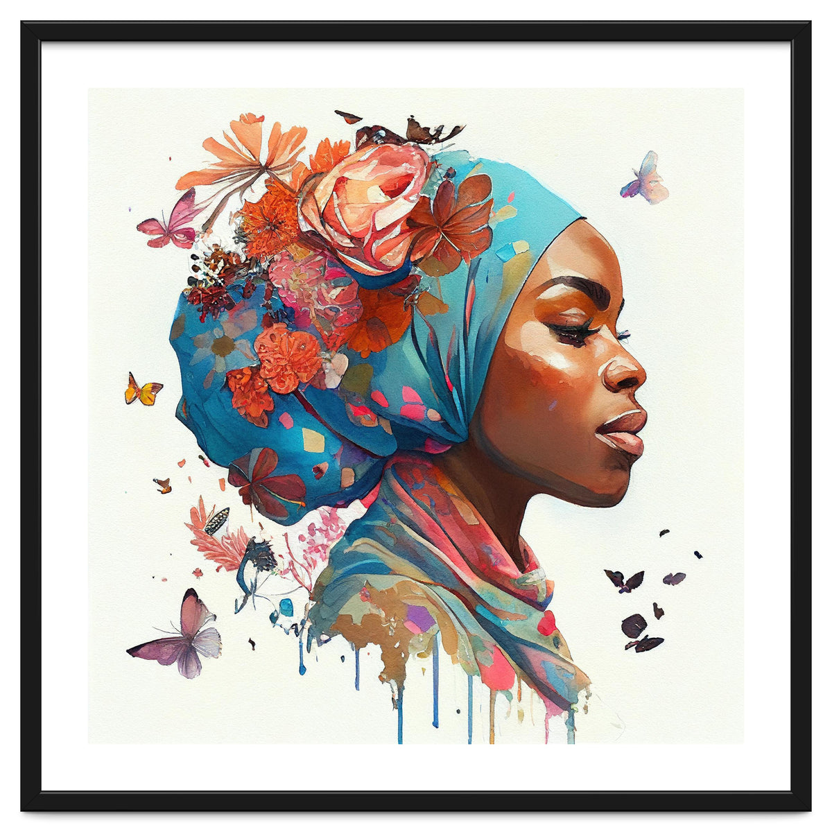 Watercolor Floral Muslim African Woman #2