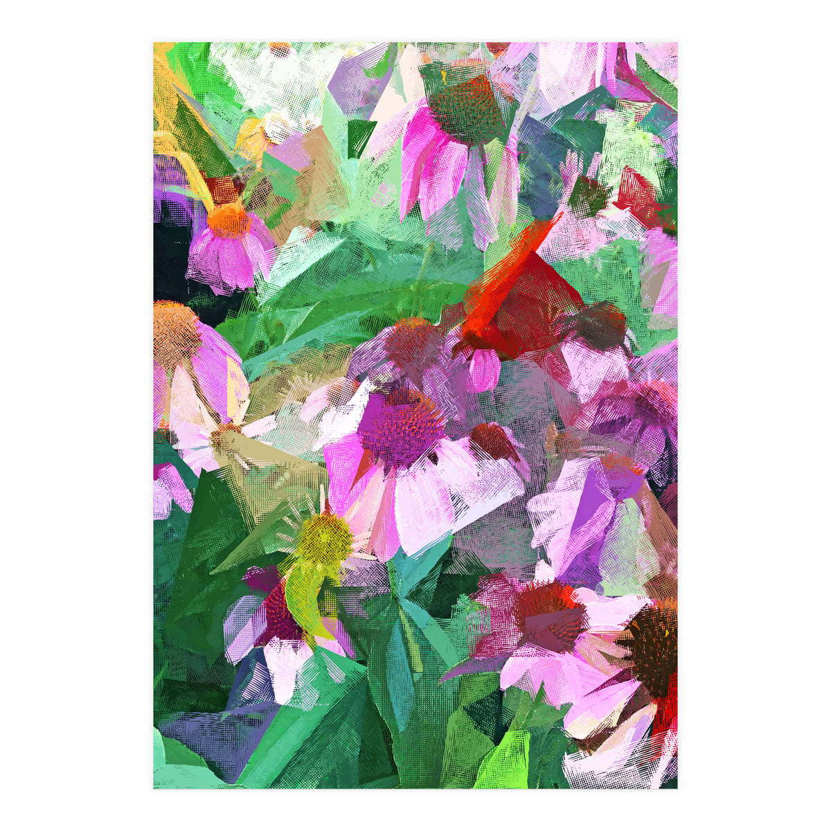 The Memory of Spring, Crosshatch Botanical Floral Painting, Plants Garden Meadow, Flowers Nature Digital Illustration (Print Only)