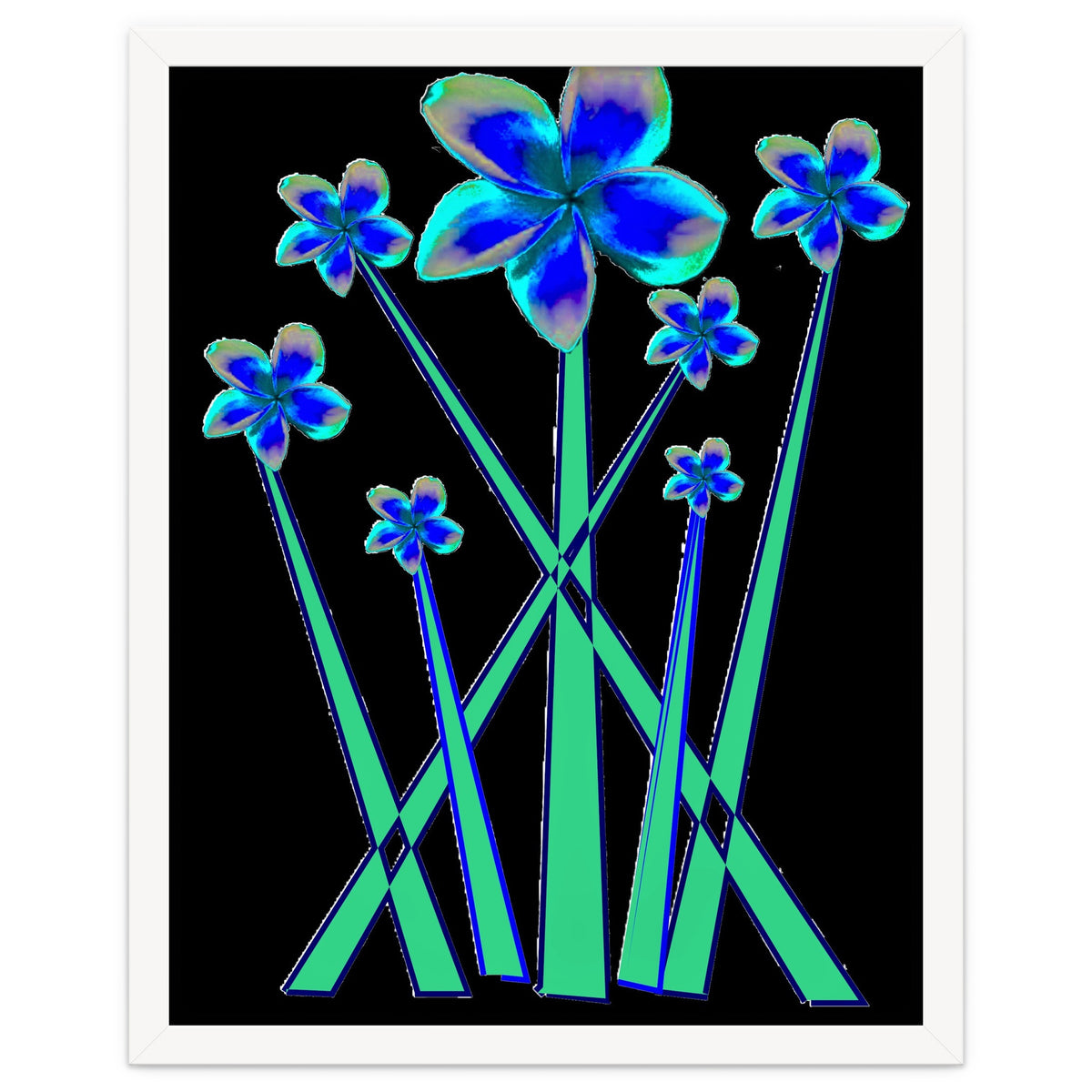 Blue flowers on black.