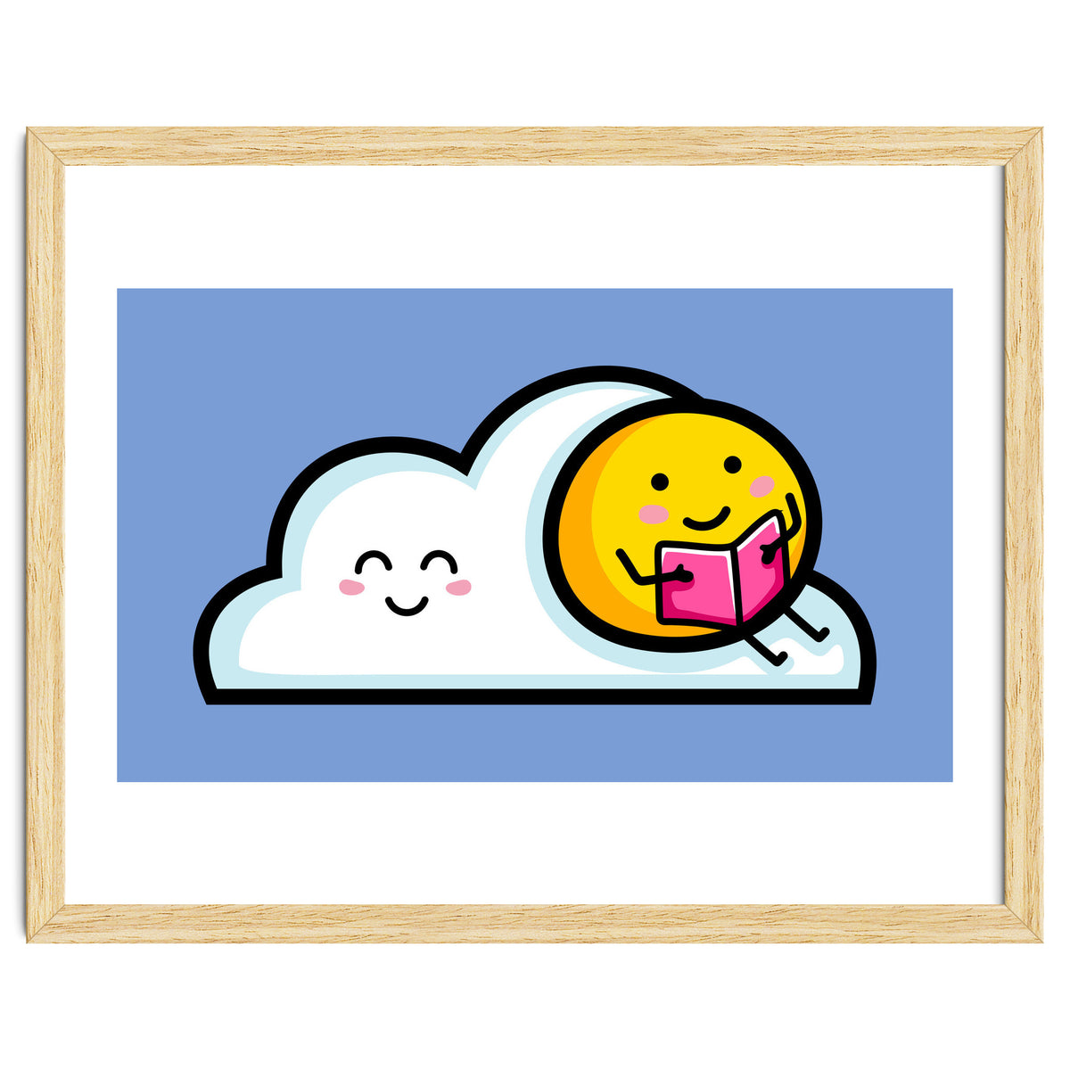 Kawaii Cute Sun Reading A Book On A Cloud