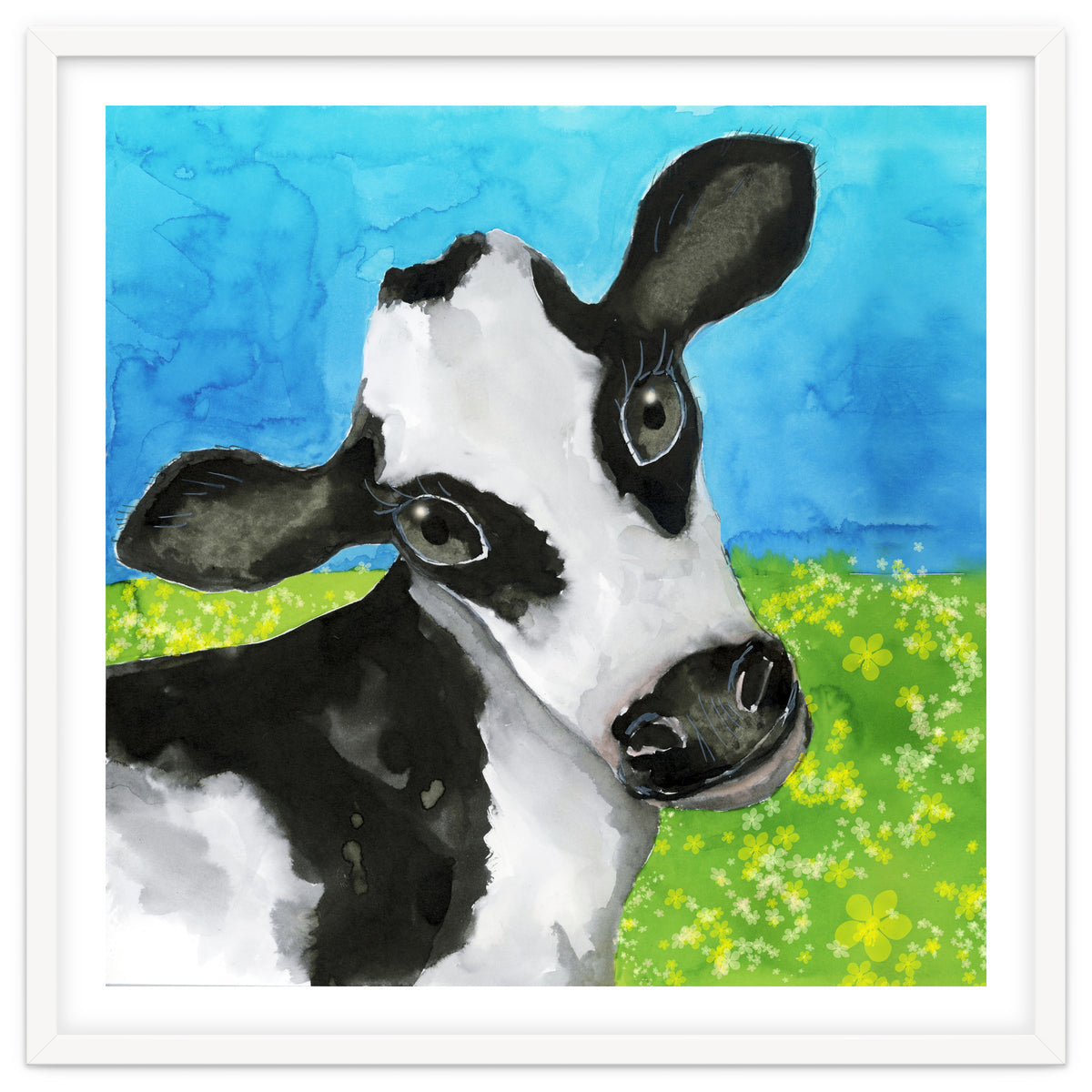 Cow in the meadow watercolor