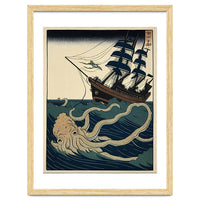 Giant Squid Attacking Ship Japanese Woodblock Print