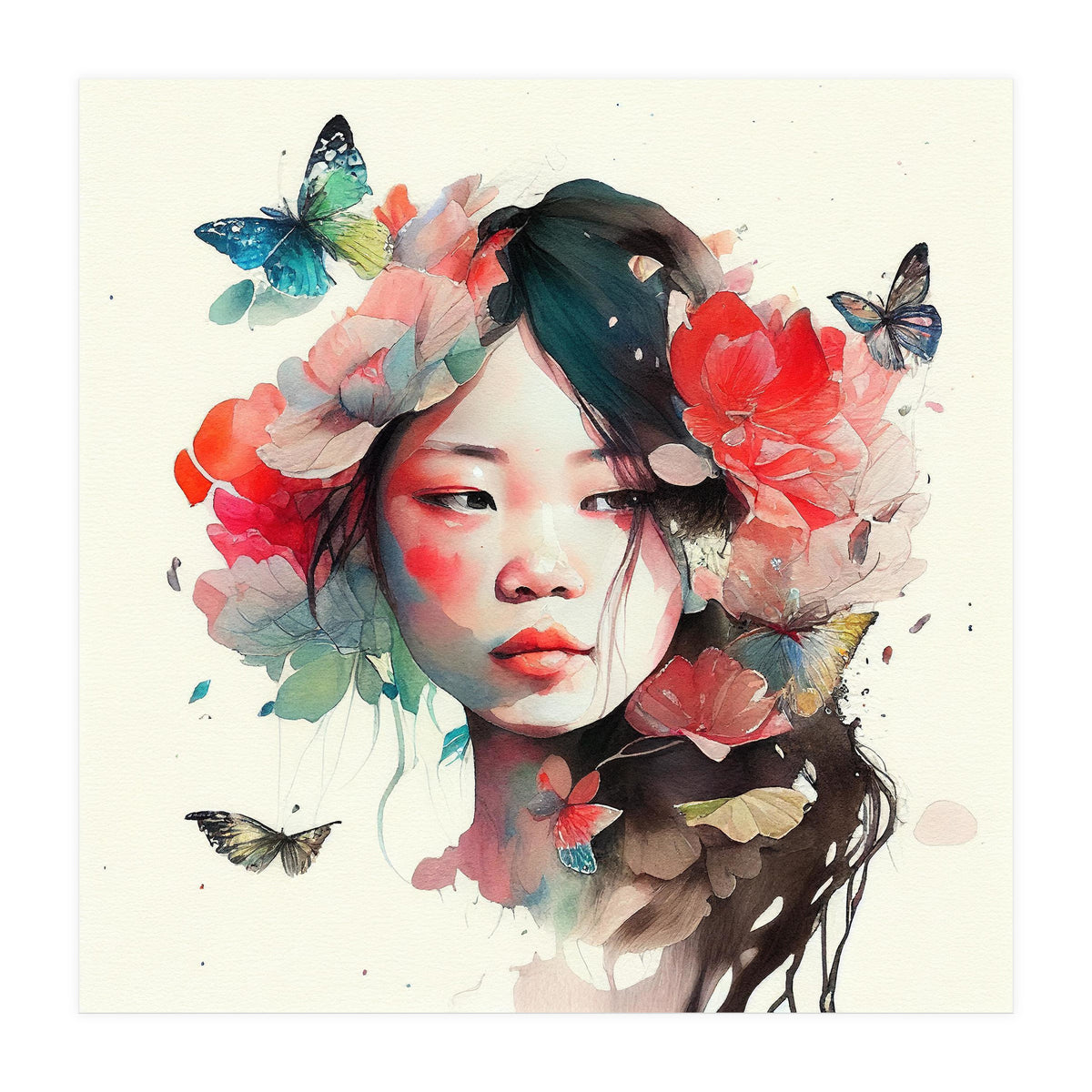 Watercolor Floral Asian Woman #8 (Print Only)