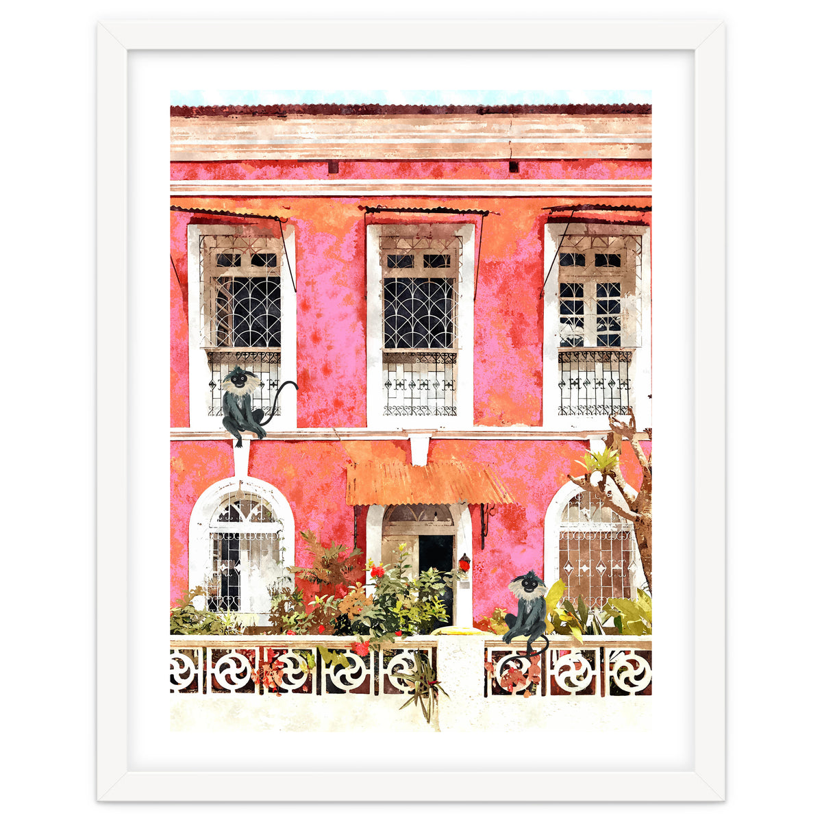 Monkey Business | Watercolor Tropical Goa Architecture Painting | Travel Pastel Pink Blush Building