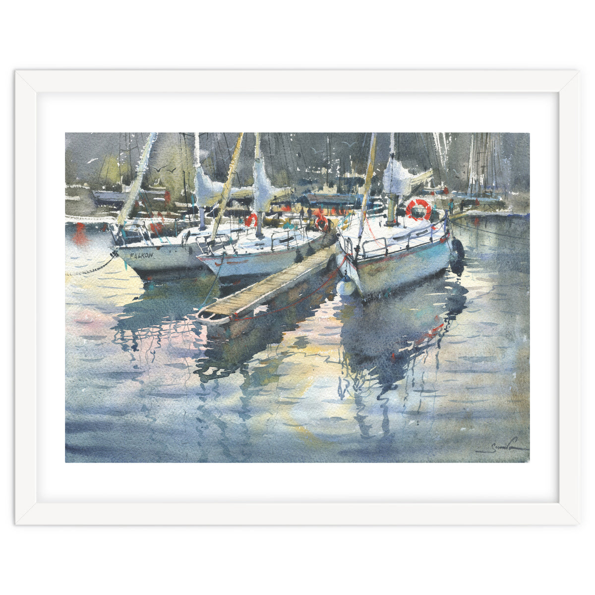 Yachts in the port. Watercolor painting
