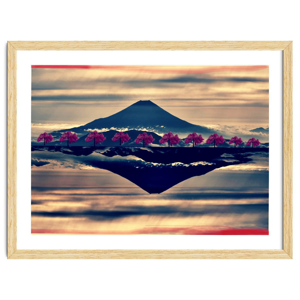 Reflection on Mount Fuji with cherry trees.
