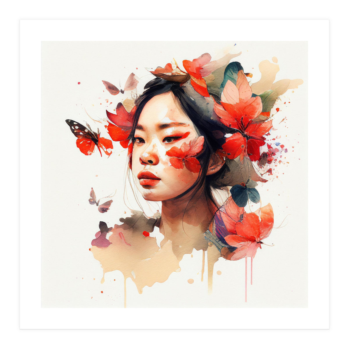 Watercolor Floral Asian Woman #5 (Print Only)