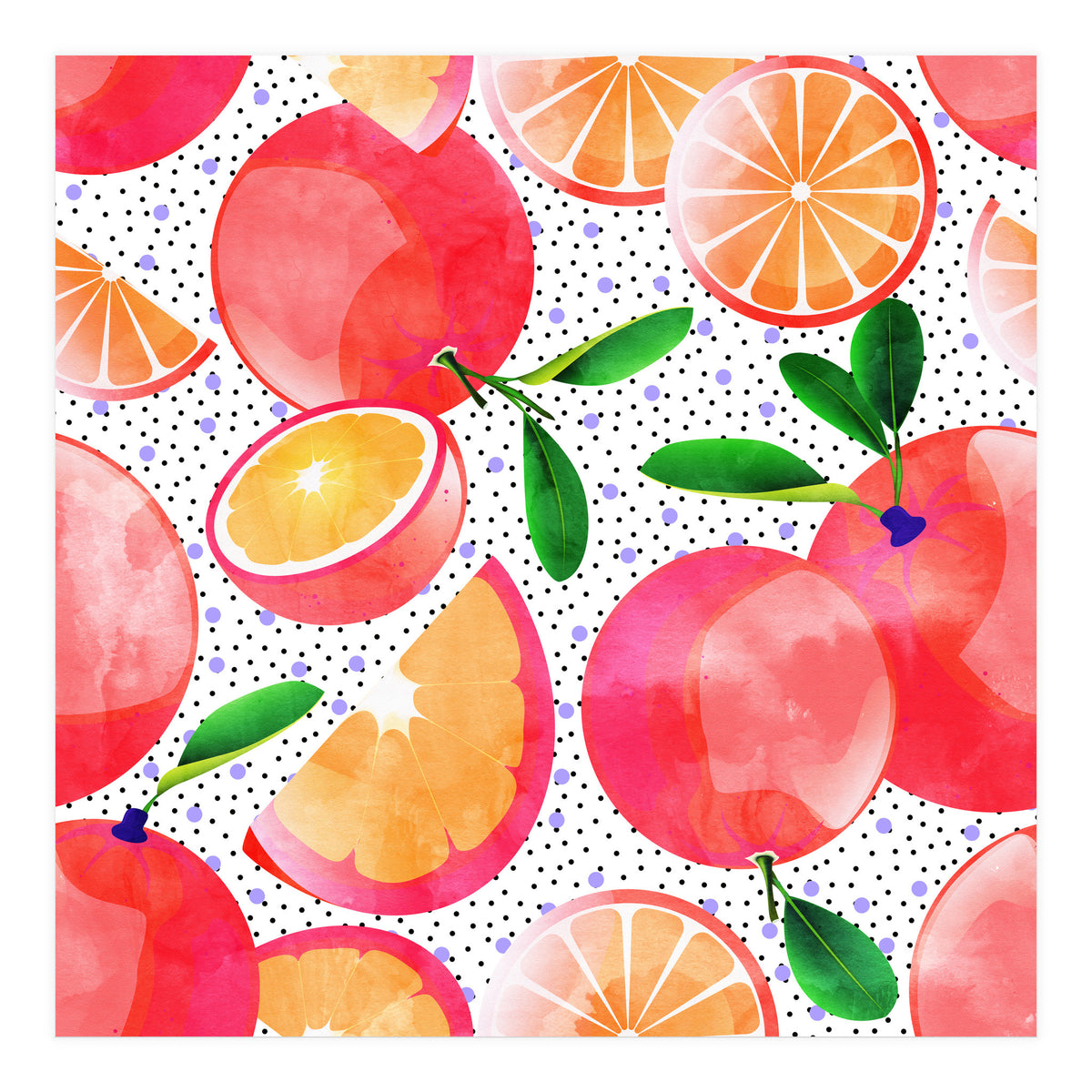 Citrus Tropical | Juicy Fruits Polka Dots | Food Orange Grapefruit Pink Watercolor Botanica (Print Only)